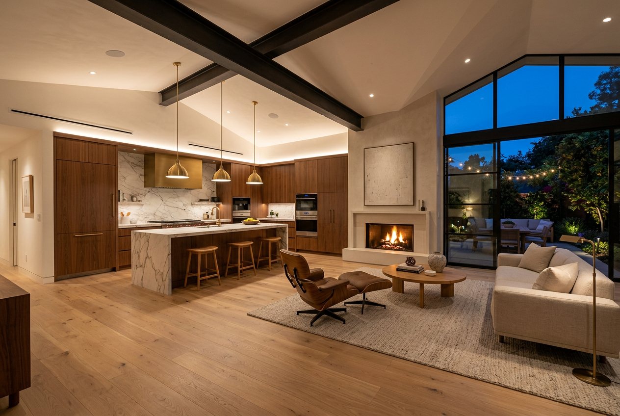 A renovated great room with a vaulted ceiling, walnut kitchen, marble island and a glass wall to the garden at dusk
